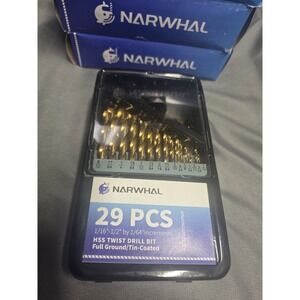 Narwhal 29 PCS 1/16"-1/2" HSS Full Ground/Tin-Coated Drill Bit Set New In Box